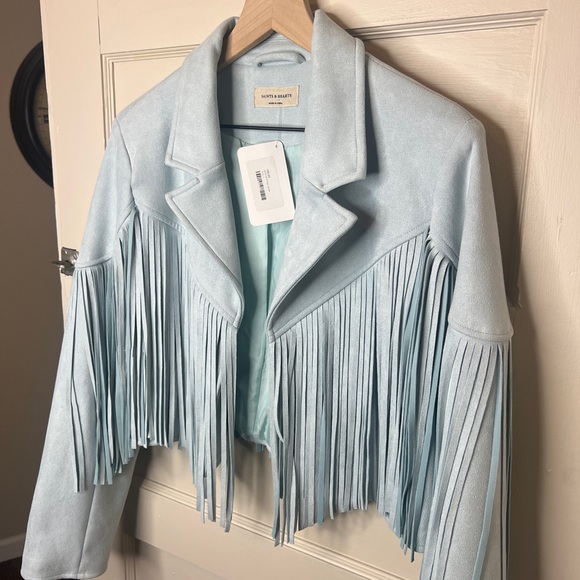 Light Blue faux Suede Fringe Cropped Western Jacket NWT - Picture 2 of 3